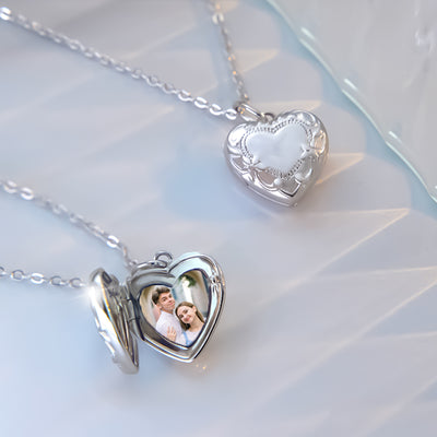 Custom Locket Necklace Personalized Locket Gift Embossed Heart Photo Necklace With Engraving Platinum Plated