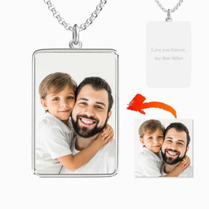 Custom Photo Necklace Engraved Rectangle Photo Necklace Silver For Father