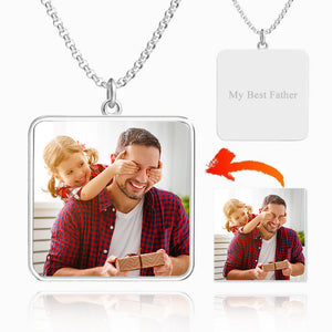 Custom Photo Necklace Engraved Square Tag Photo Necklace Silver For Daddy