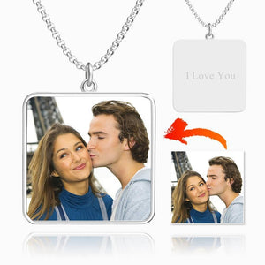 Custom Photo Necklace Engraved Square Tag Photo Necklace Silver For Daddy