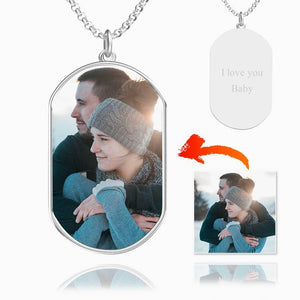 Custom Photo Necklace Engraved Photo Tag Necklace Silver For Dad