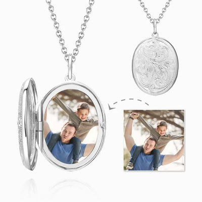 Personalized Locket Gift Necklace With Picture Embossed Oval  With Engraving Platinum Plated