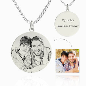 Men's Round Photo Engraved Tag Necklace With Engraving Silver