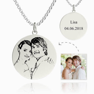 Men's Round Photo Engraved Tag Necklace With Engraving Silver