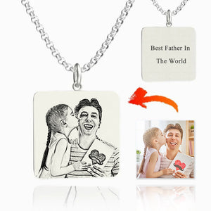Men's Square Photo Engraved Tag Necklace With Engraving Silver