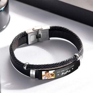 Personalized Photo Leather Bracelet With Text Braided Bangle Father's Day Gifts