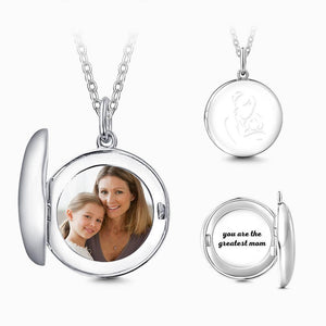 Round Engraved Photo Necklace Silver For Mom