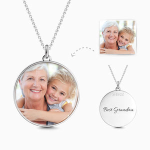 Custom Engraved Round Photo Necklace Silver Personalised Pendant For Her
