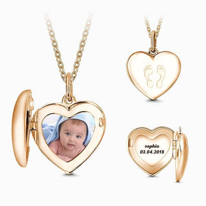 Heart Engraved Photo Necklace Rose Gold Plated Silver For Mom