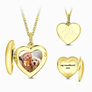 Pawprint Heart Engraved Photo Necklace 14k Gold Plated Silver