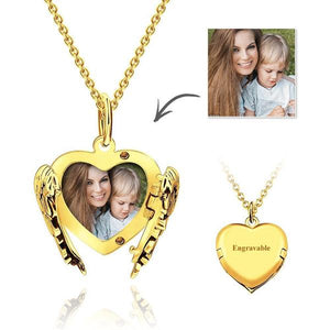 Custom Engravable Photo Locket Necklace Heart Angel Wings Gold Plated Silver Mother's Day Gift