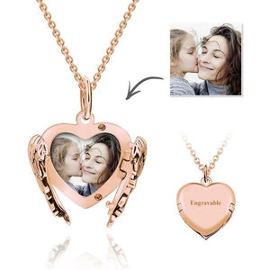 Custom Engravable Photo Locket Necklace Heart Angel Wings Gold Plated Silver Mother's Day Gift