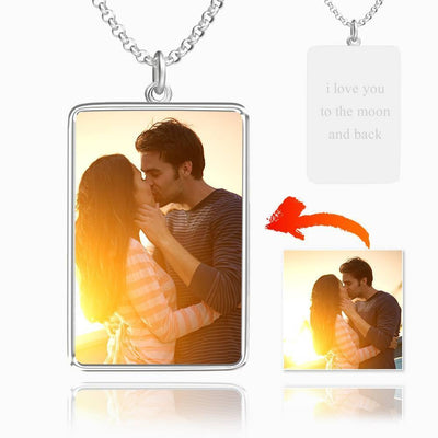 Engraved Rectangle Tag Photo Necklace Silver