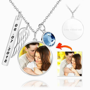 Custom Photo Necklace Engraved Round Tag Photo Necklace Silver