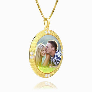 Silver Engraved Round Tag Photo Necklace 14k Gold Plated