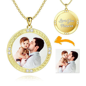 Men's Personalized Rhinestone Crystal Round Shape Photo Engraved Necklace 14 Gold Plated Golden - Colorful
