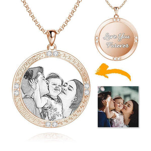 Men's Personalized Rhinestone Crystal Round Shape Photo Engraved Necklace Rose Gold Plated - Sketch