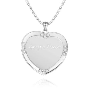 Men's Personalized Rhinestone Crystal Heart Shape Photo Engraved Necklace Platinum Plated Silver - Sketch