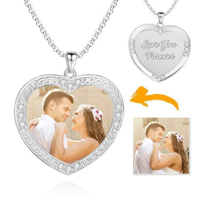 Custom Men's Personalized Rhinestone Crystal Heart Photo Engraved Necklace Platinum Plated Silver - Colorful
