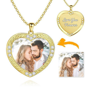 Custom Men's Personalized Rhinestone Crystal Heart Photo Engraved Necklace 14 Gold Plated Golden