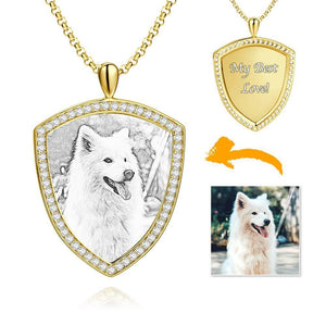 Women's Personalized Rhinestone Crystal Shield Shape Engraved Photo Necklace 14K Gold Plated Golden - Sketch