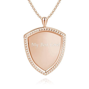 Women's Personalized Rhinestone Crystal Shield Shape Photo Engraved Necklace Rose Gold Plated - Sketch