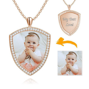 Women's Personalized Rhinestone Crystal Shield Shape Photo Engraved Necklace Rose Gold Plated - Colorful
