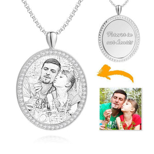 Women's Personalized Photo Rhinestone Crystal Shield Shape Engraved Necklace Platinum Plated Silver - Sketch