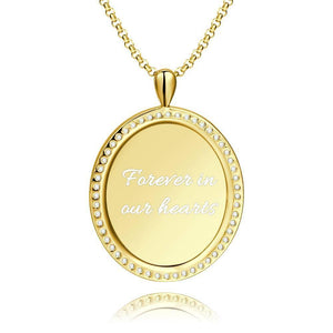 Women's Engraved Personalized Rhinestone Crystal Shield Shape Photo Necklace 14K Gold Plated Golden - Sketch