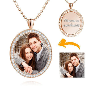 Women's Personalized Rhinestone Crystal Oval Shape Photo Engraved Necklace Rose Gold Plated - Colorful