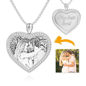 Women's Personalized Rhinestone Crystal Heart Shape Photo Engraved Necklace Platinum Plated Silver - Sketch