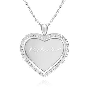 Women's Personalized Rhinestone Crystal Heart Shape Photo Engraved Necklace Platinum Plated Silver - Colorful