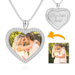 Women's Personalized Rhinestone Crystal Heart Shape Photo Engraved Necklace Platinum Plated Silver - Colorful