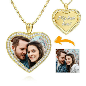 Picture Necklace Photo Engraved Necklace Personalized Rhinestone Crystal Heart Shape Pendant 14K Gold Plated Golden - Colorful