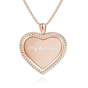 Women's Personalized Rhinestone Crystal Heart Shape Photo Engraved Necklace Rose Gold Plated - Sketch