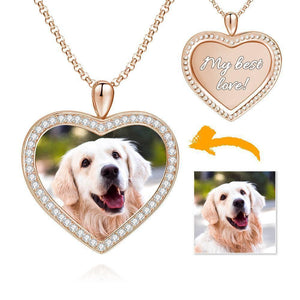 Women's Personalized Rhinestone Crystal Heart Shape Photo Engraved Necklace Rose Gold Plated - Colorful
