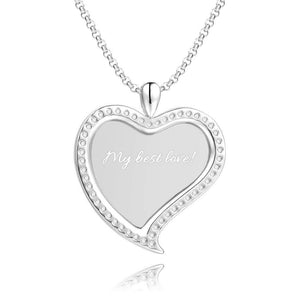 Women's Personalized Rhinestone Crystal Love Heart Shape Photo Engraved Necklace Platinum Plated Silver - Sketch