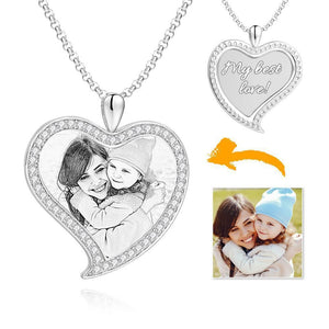 Women's Personalized Rhinestone Crystal Love Heart Shape Photo Engraved Necklace Platinum Plated Silver - Sketch
