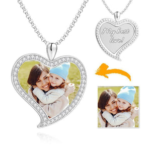 Women's Personalized Rhinestone Crystal Love Heart Shape Photo Engraved Necklace Platinum Plated Silver - Colorful