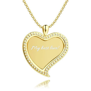 Personalized Heart  Necklace Photo Engraved Necklace Rhinestone Crystal Love 14K Gold Plated Golden