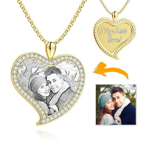 Personalized Heart  Necklace Photo Engraved Necklace Rhinestone Crystal Love 14K Gold Plated Golden