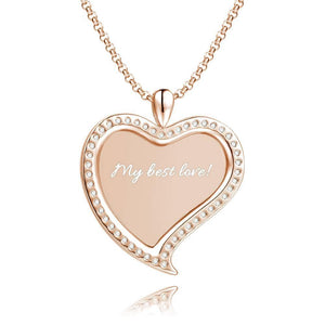 Women's Personalized Rhinestone Crystal Love Heart Shape Photo Engraved Necklace Rose Gold Plated - Sketch