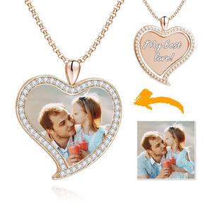 Women's Personalized Rhinestone Crystal Love Heart Shape Photo Engraved Necklace Rose Gold Plated - Colorful