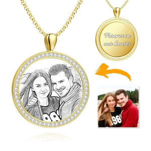 Engraved Photo Necklace UK Personalized Gift Rhinestone Crystal Round Shape 14K Gold Plated Golden - Sketch
