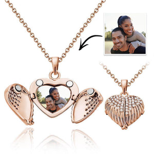 Custom Photo Locket Necklace Engraving Necklace Angel Wings Heart Design