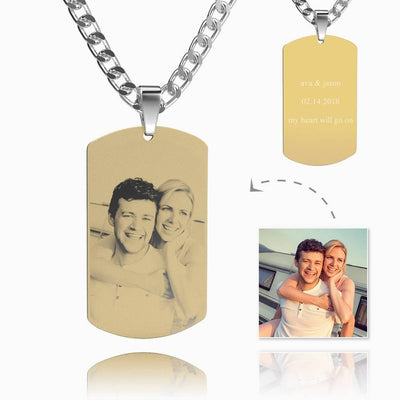 Men's Stainless Steel Photo Dog Tag Engraved Photo Pendant 18k Gold Plated