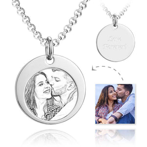 Unisex Round Shape Photo Engraved Tag Necklace with Engraving Stainless Steel