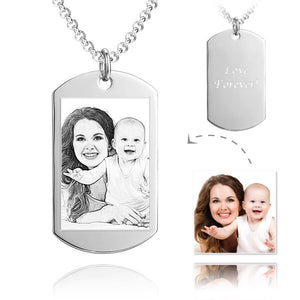 Unisex Photo Engraved Tag Necklace with Engraving Stainless Steel - Silver