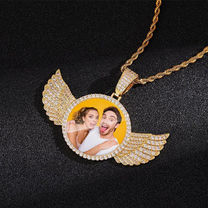 Custom Wing Photo Necklace Personalized Picture Pendant with Zircon Pendant Jewelry Gift Golden