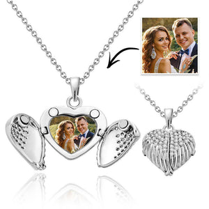 Custom Photo Locket Necklace Engraving Necklace Angel Wings Heart Design